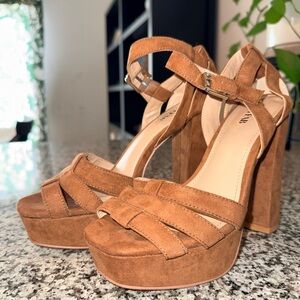 JustFab Tan Suede Platform Heels